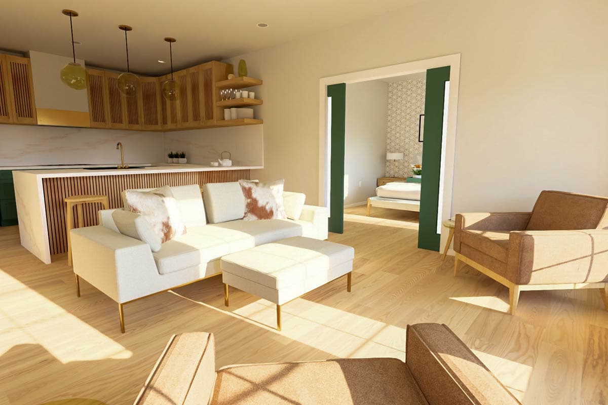 Interior rendering of an open-concept living area with a sectional sofa, kitchen island, and view into a bedroom.