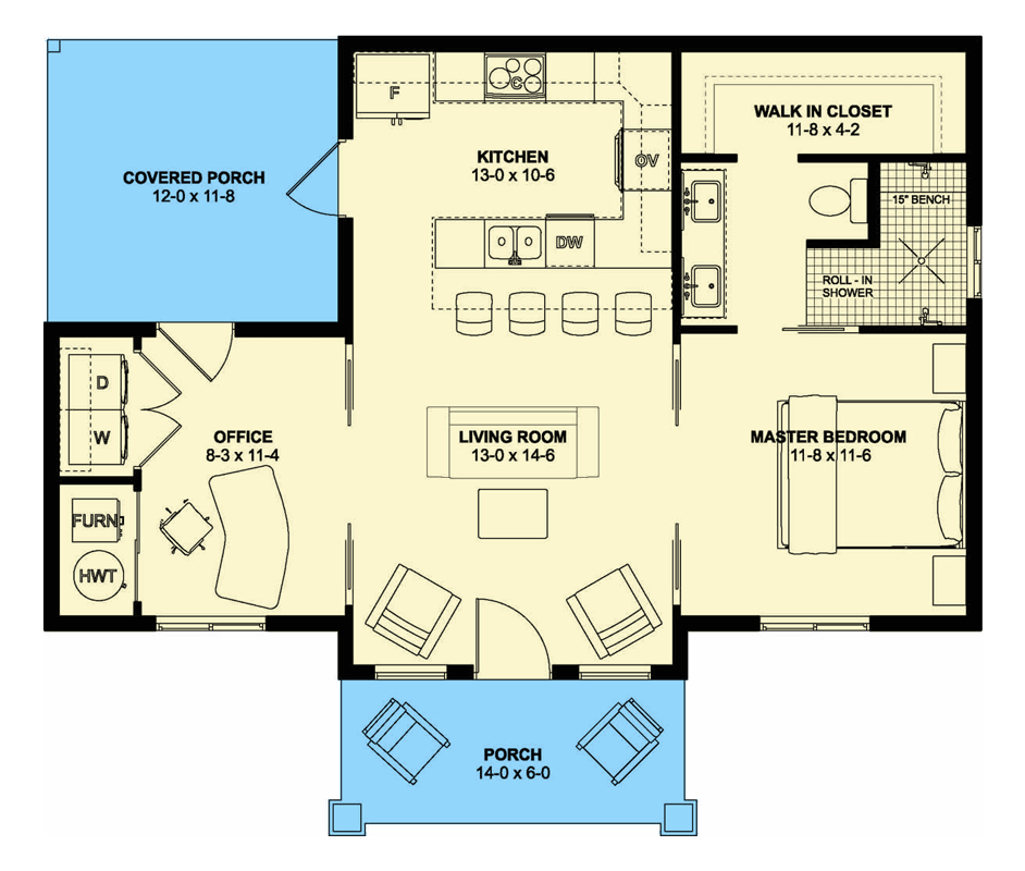Plan 67843MG: Single Bed Cottage House Plan with Home Office or Flex Space - 800 Sq Ft - Floor Plan - Main Level - Cottage