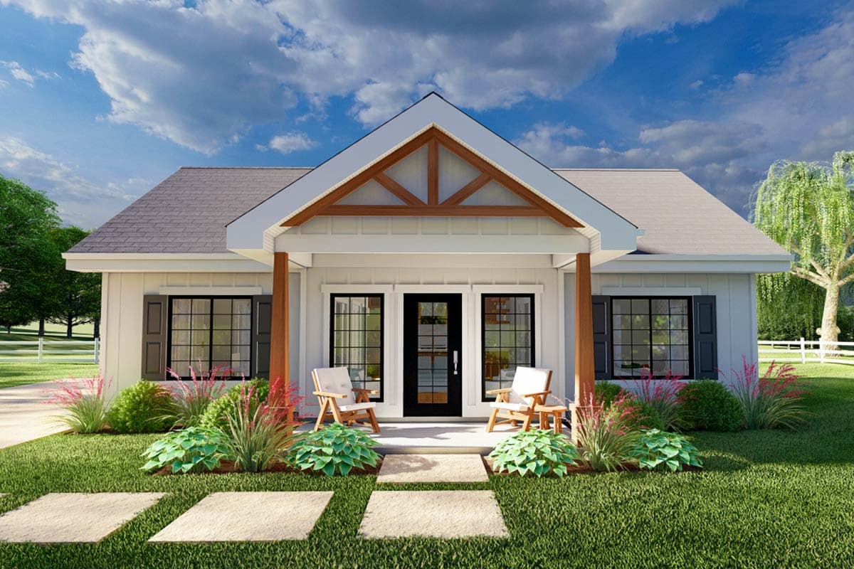 House plan exterior. Farmhouse style with a front porch, gables, and decorative wood trussing above the entryway. One story.