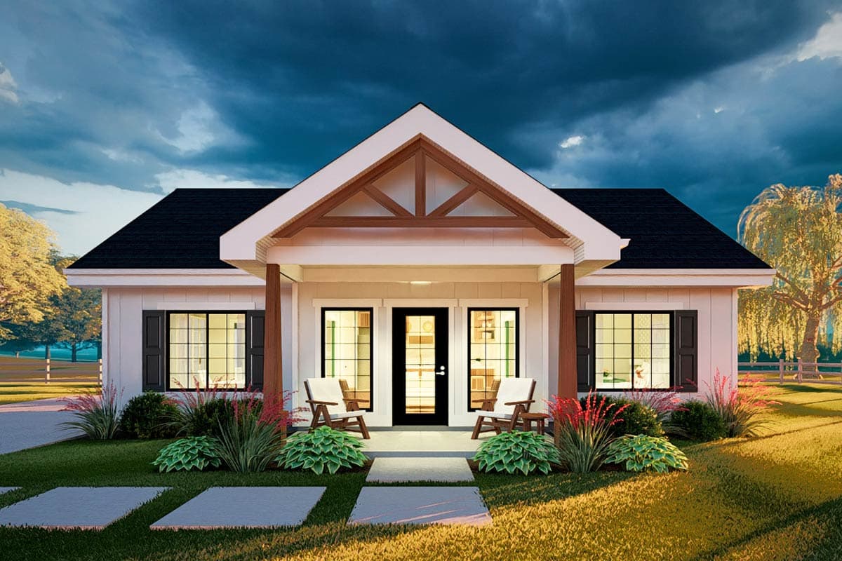 Modern Farmhouse house plan exterior with gabled entryway, exposed rafter tails, and a covered porch with seating.