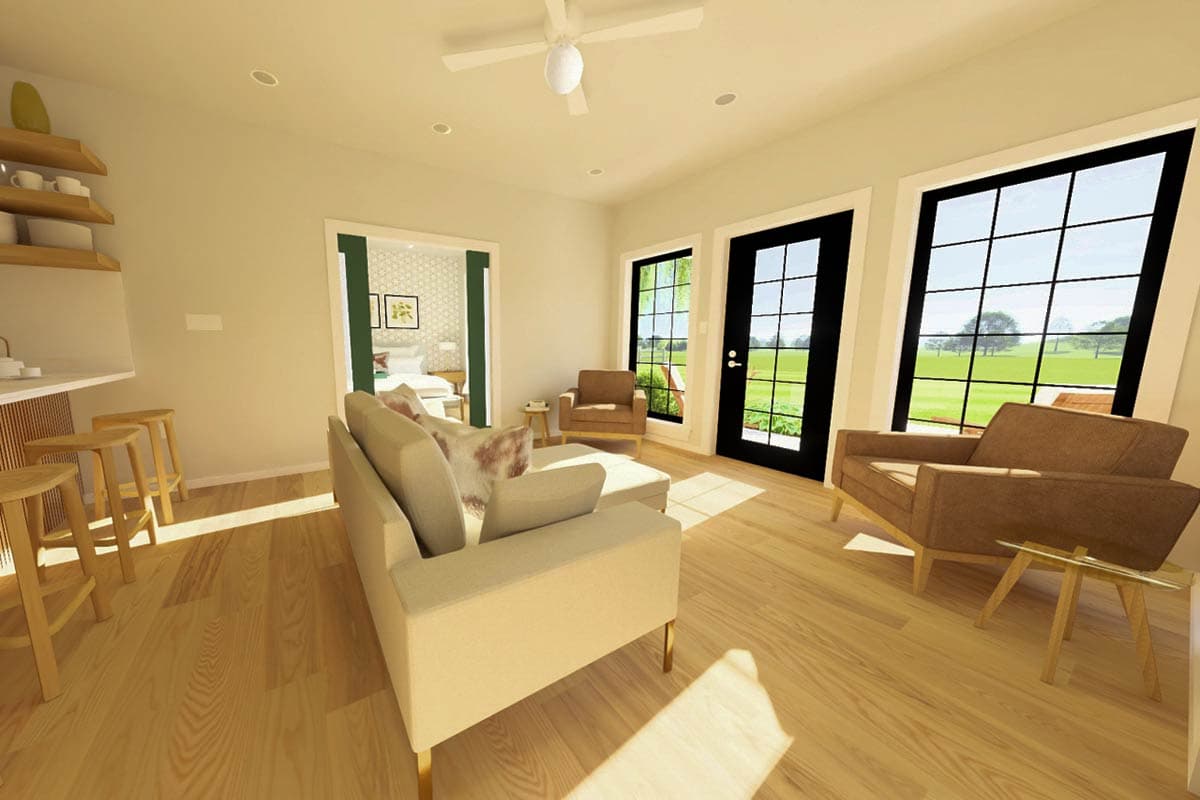 Interior rendering of a living area with a sectional sofa, chairs, two doors, and large grid-pane windows.