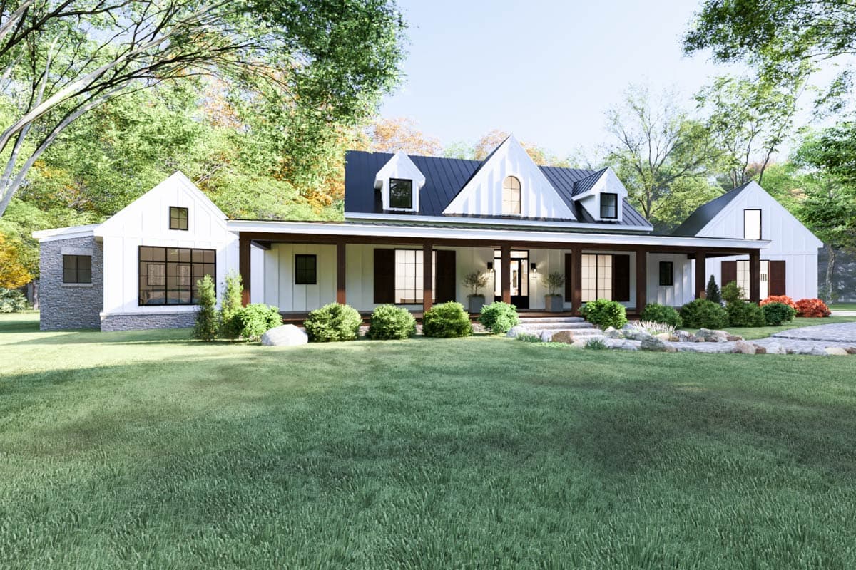 House plan exterior of a two-story Modern Farmhouse with a wraparound porch, gables, dormers, and stone accents.
