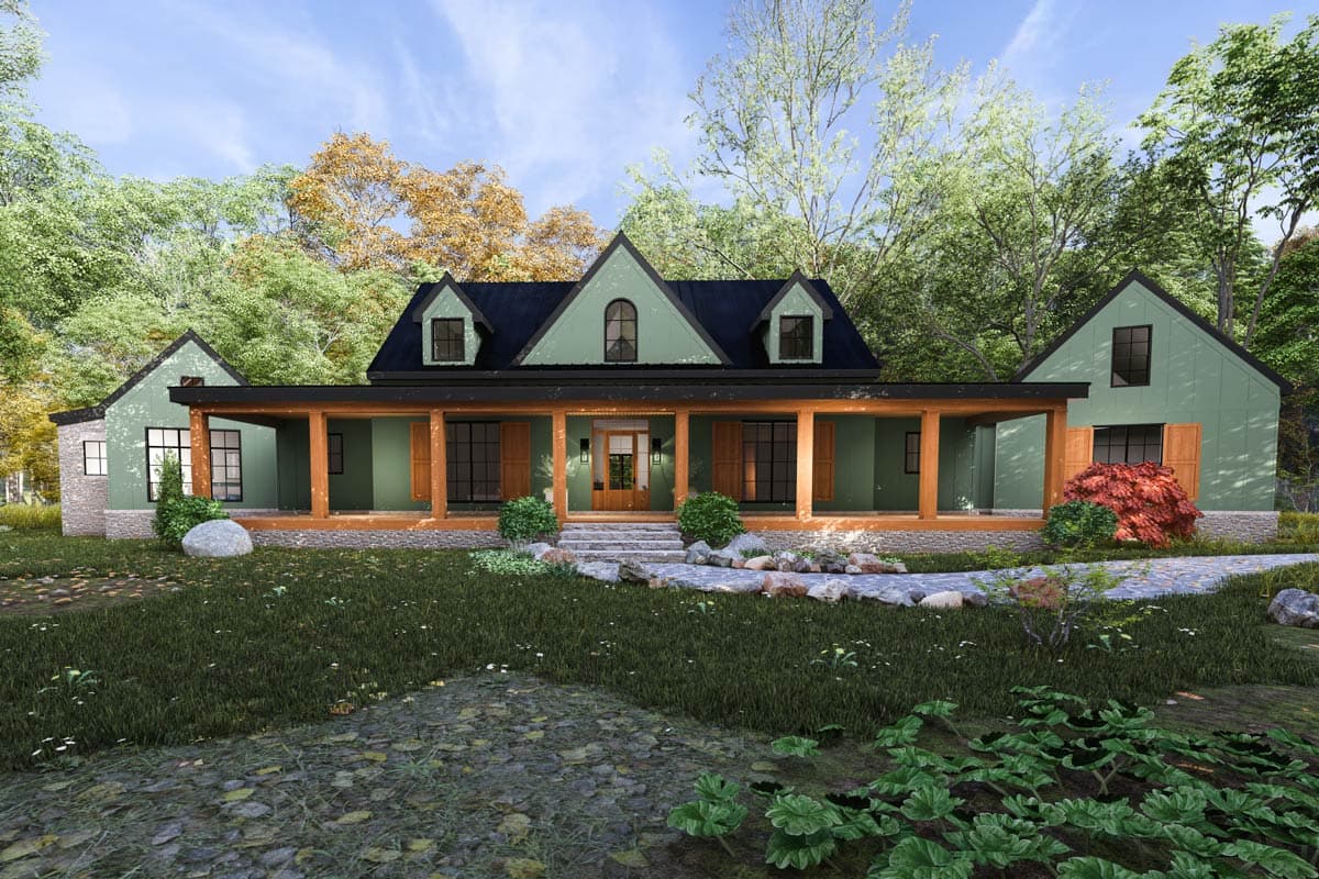 House plan exterior: Modern Farmhouse, two stories, wide porch, gables with dormers, asymmetrical rooflines.