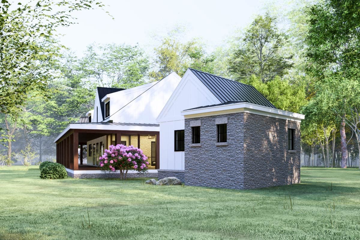 House plan exterior showing a two-story Modern Farmhouse with a covered porch, stone base, and metal roof.