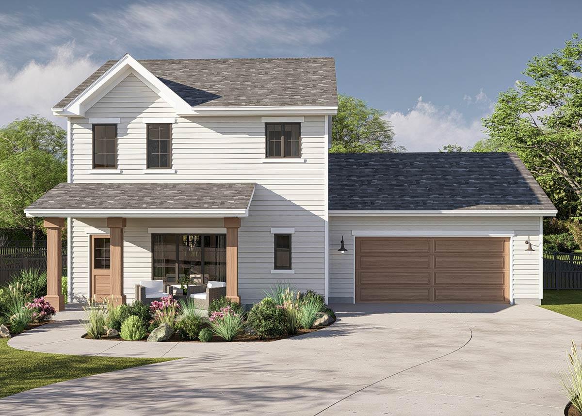 House plan exterior. Two-story, Craftsman-style home with gabled roof, porch with columns, and attached garage. Includes light fixtures.