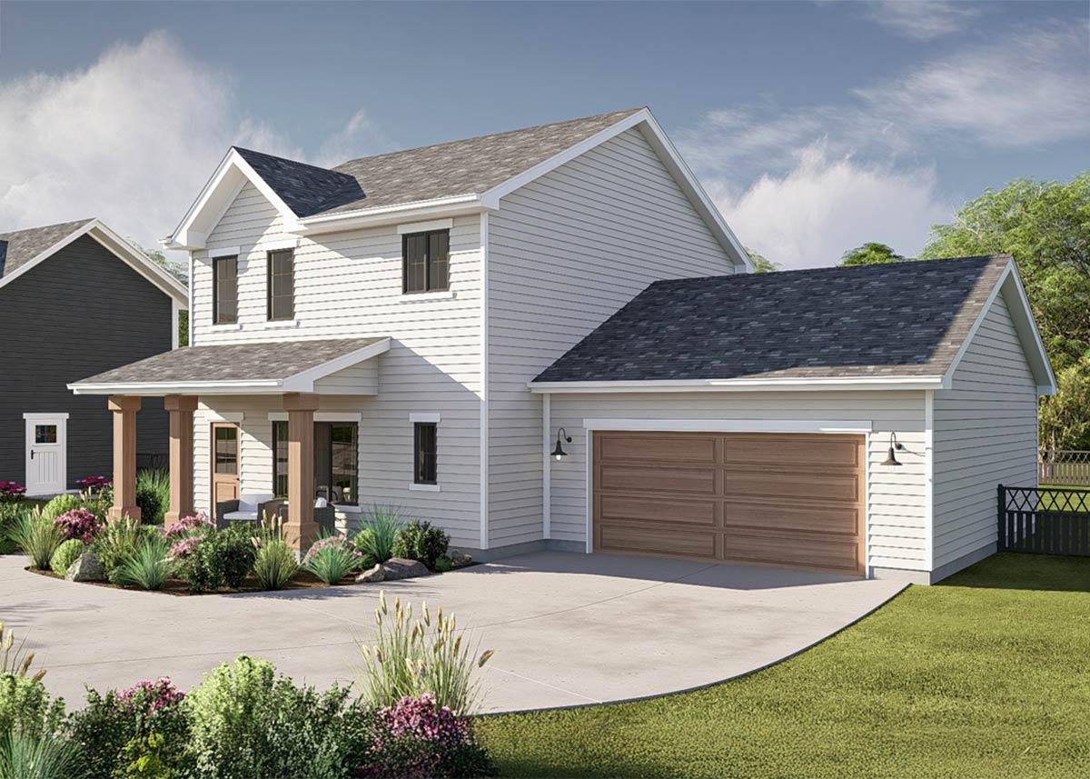Two-story house plan exterior with gabled roof, covered porch with square columns, and a side-entry garage.