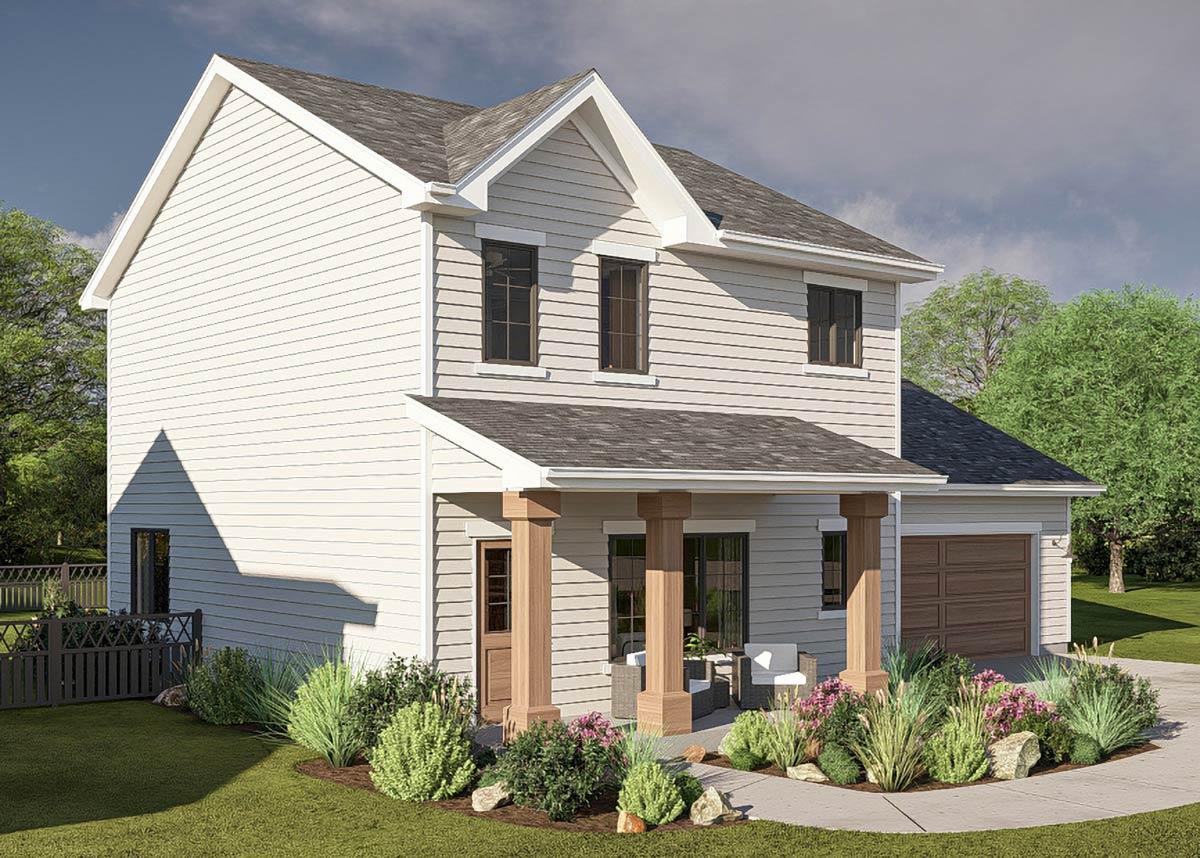 Two-story house plan exterior with a prominent gable, covered porch with square wood columns, and attached garage.