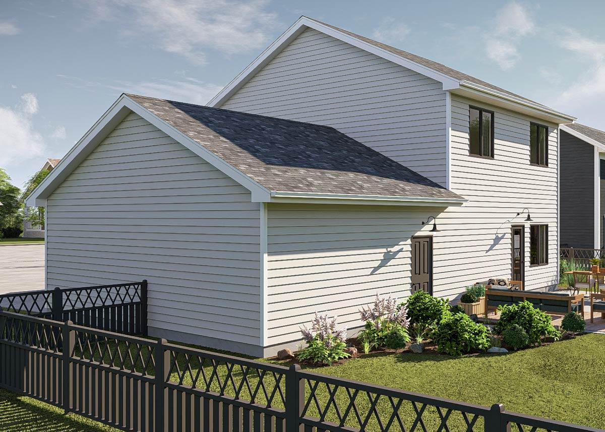 Two-story house plan exterior with siding, gabled roof, two doors, and several windows.