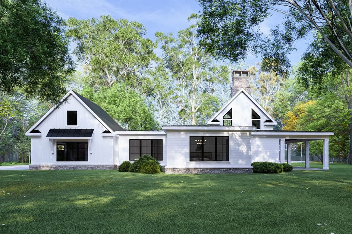 Modern Farmhouse house plan exterior with gables, large windows, and covered carport.