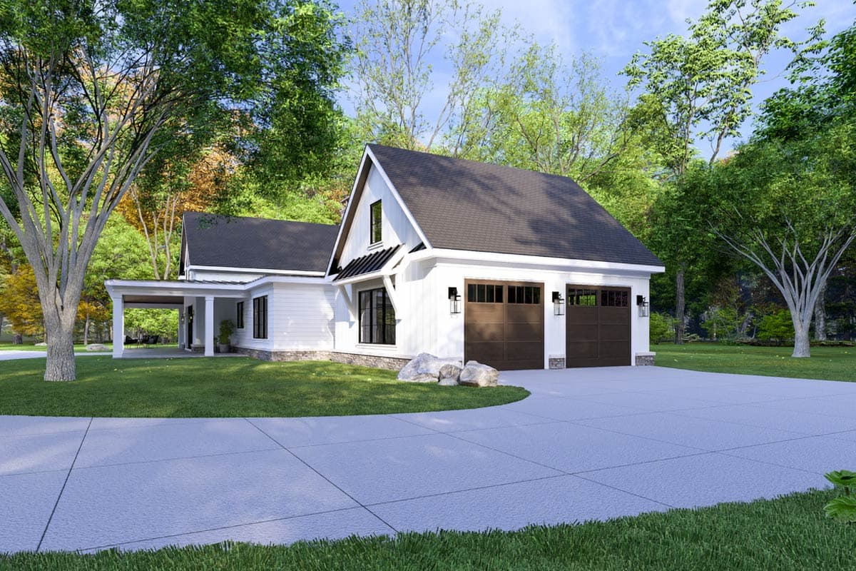 House plan exterior featuring a Modern Farmhouse style, two-story with a covered porch, prominent gable, and a three-car garage.