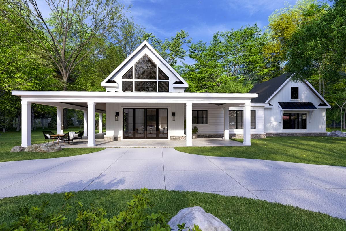 House plan exterior. Modern Farmhouse style with a two-story gable and a single-story covered porch. Features large windows and dark trim accents.