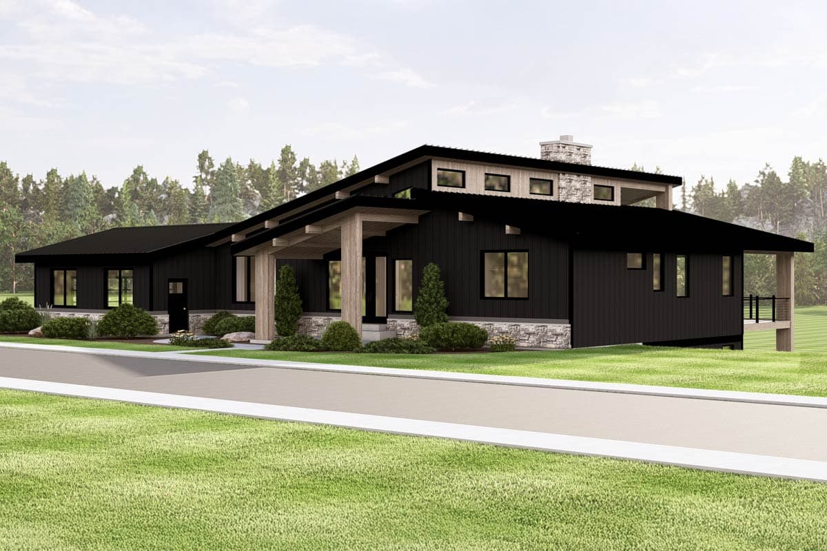 House plan exterior: Modern style, single-story, dark siding, stone base, large wood-supported overhang, and prominent chimney.