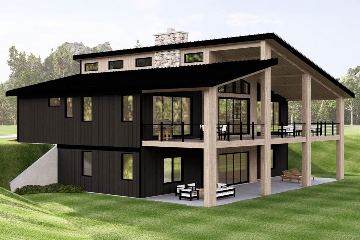 Modern house plan exterior with two stories, dark vertical siding, large windows, balconies, and exposed wooden beams.