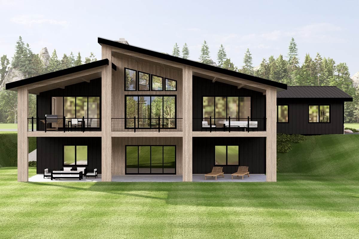 House plan exterior: Modern style, two stories, wood siding, black vertical panels, large windows, balconies, and a sloping roof.