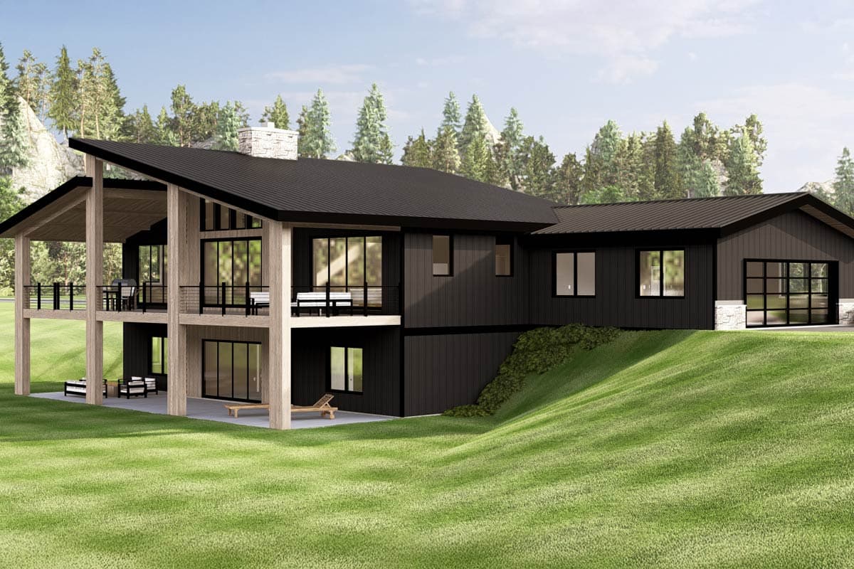 Modern house plan exterior with two stories, metal roof, large windows, balconies, and attached garage.