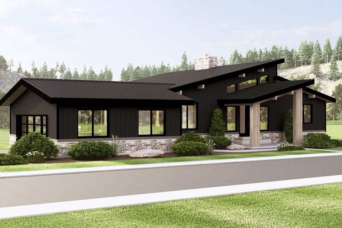 Modern house plan exterior with metal roof, asymmetrical gables, stone wainscoting, and prominent wood-supported covered entry.
