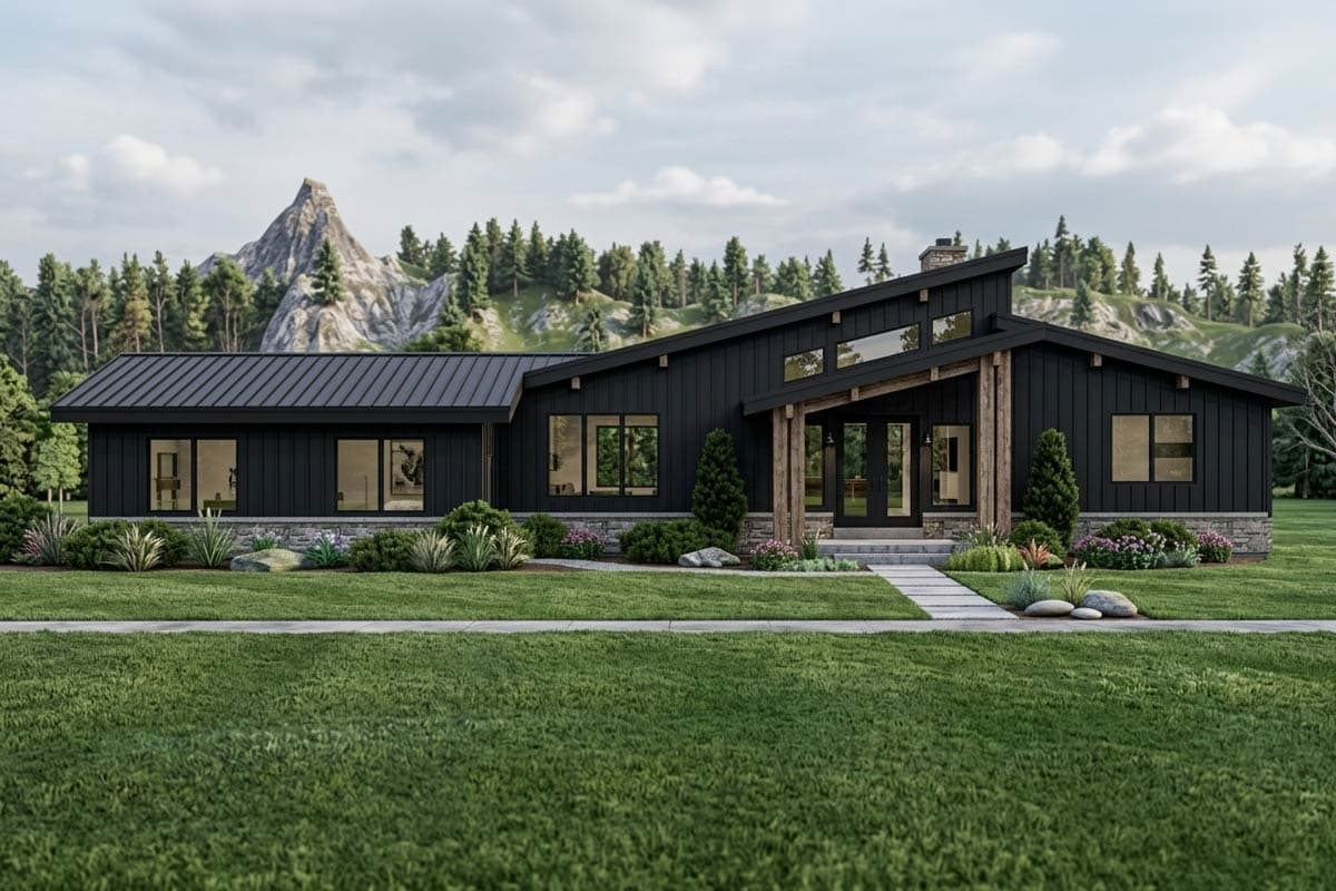 House plan exterior. Modern style, single-story home. Features include a metal roof, prominent entry with wood posts, and large windows.