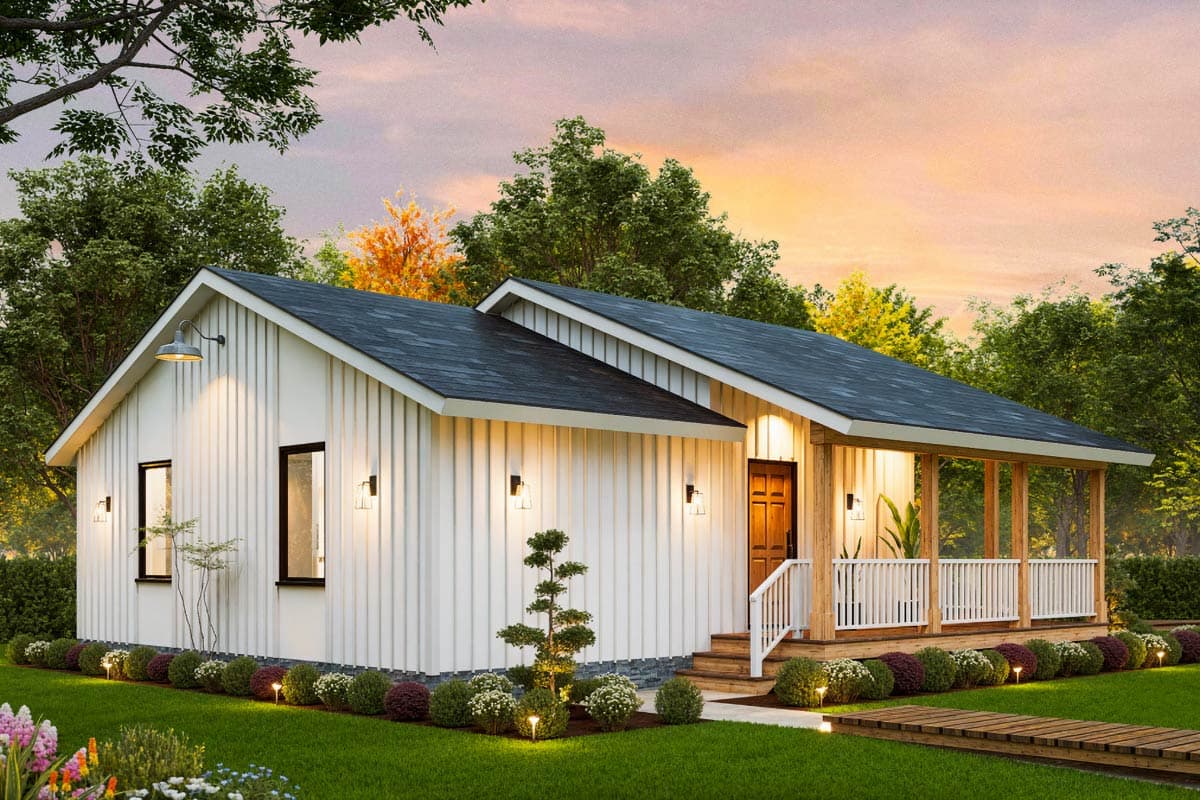 House plan exterior: Modern Farmhouse style, one story, with a covered porch, vertical siding, and multiple gables.