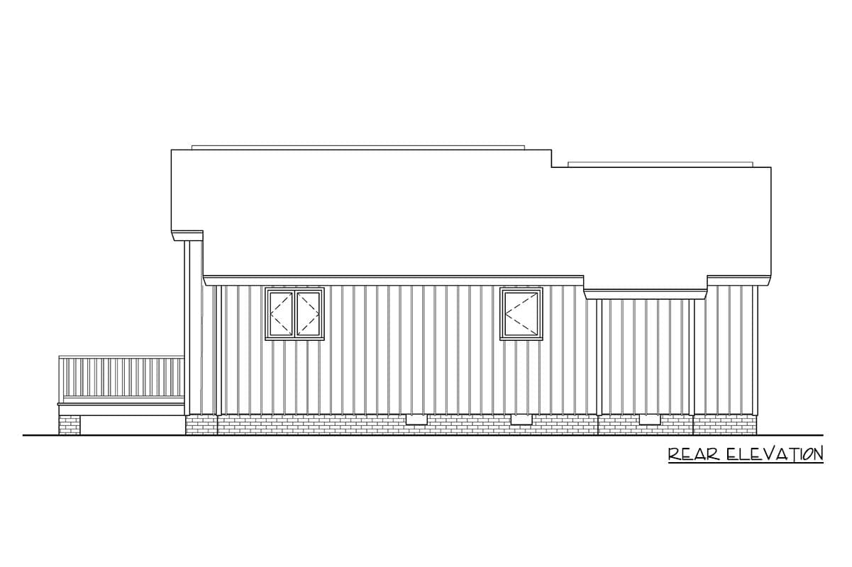 Rear elevation drawing of a house plan showing two windows, vertical siding, a deck, and a brick foundation.