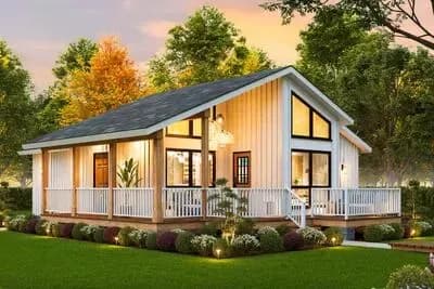 2 Bed Lake House Plan with Vaulted Ceilings and Wraparound Porch - 922 Sq Ft
