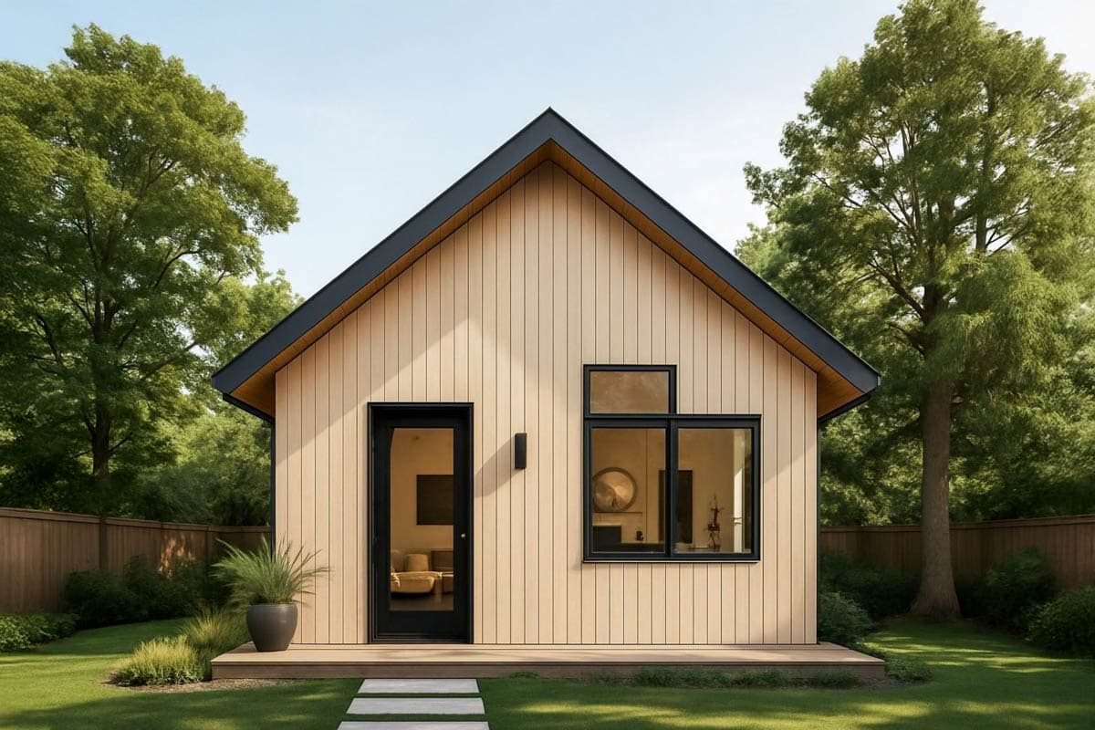 House plan exterior. One-story modern house with a gable roof, wood siding, and a small front porch. Includes black trim, windows, and door.