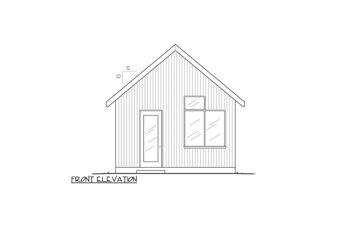Front elevation of a house plan featuring vertical siding, a gabled roof, one door, and two windows.