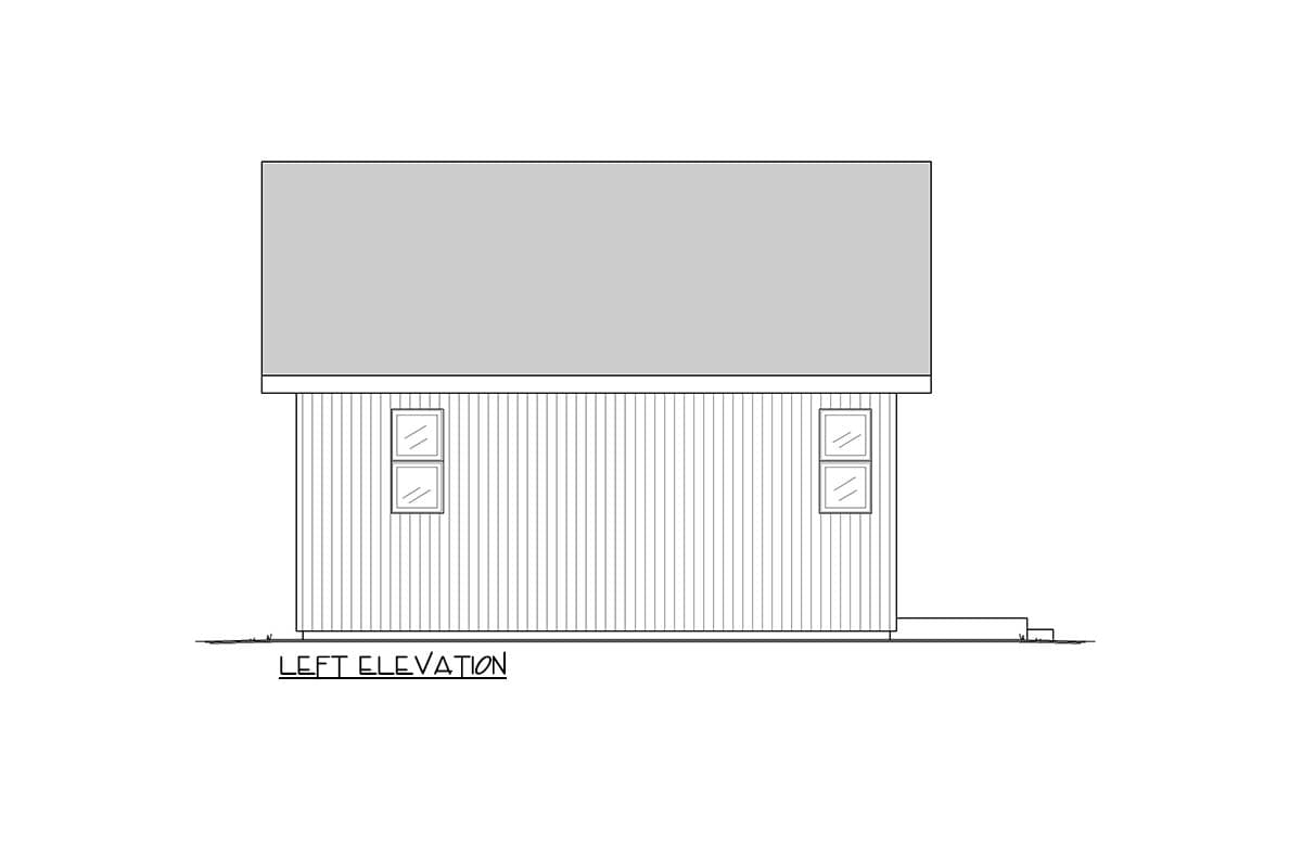 Left elevation drawing of a house plan showing vertical siding, a gable roof, and two double-hung windows.