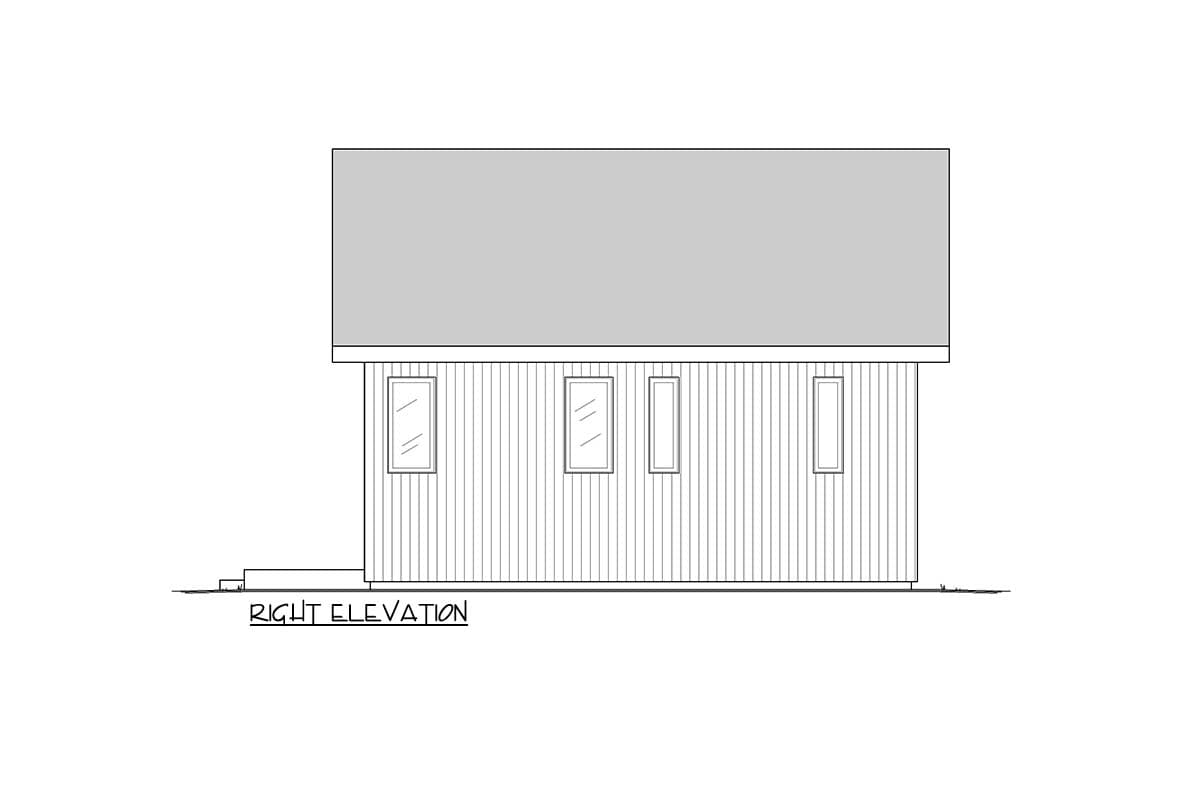 Right elevation drawing of a house plan showing vertical siding and four windows.