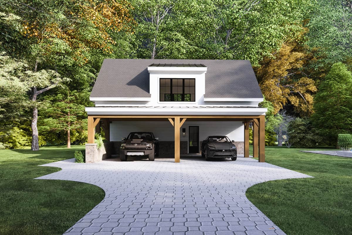 House plan exterior. Two-story house with shed roof and dormer. Features include covered porch supported by columns and two-car garage.