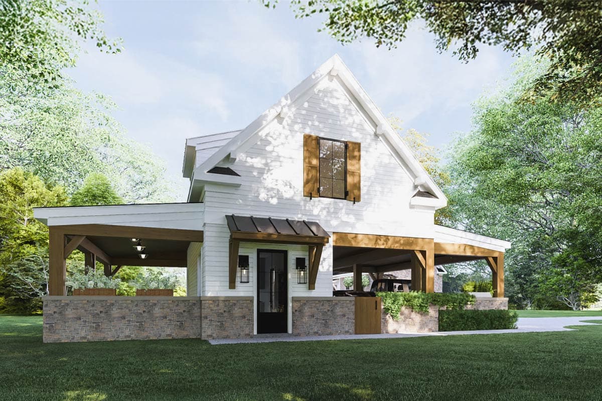 Modern Farmhouse exterior with stone base, gabled roof, large front porch, and attached carport.