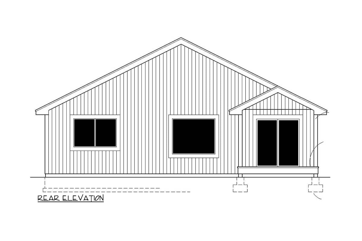 Rear elevation drawing of a house plan with vertical siding, gabled roof, two windows, and a covered entryway.