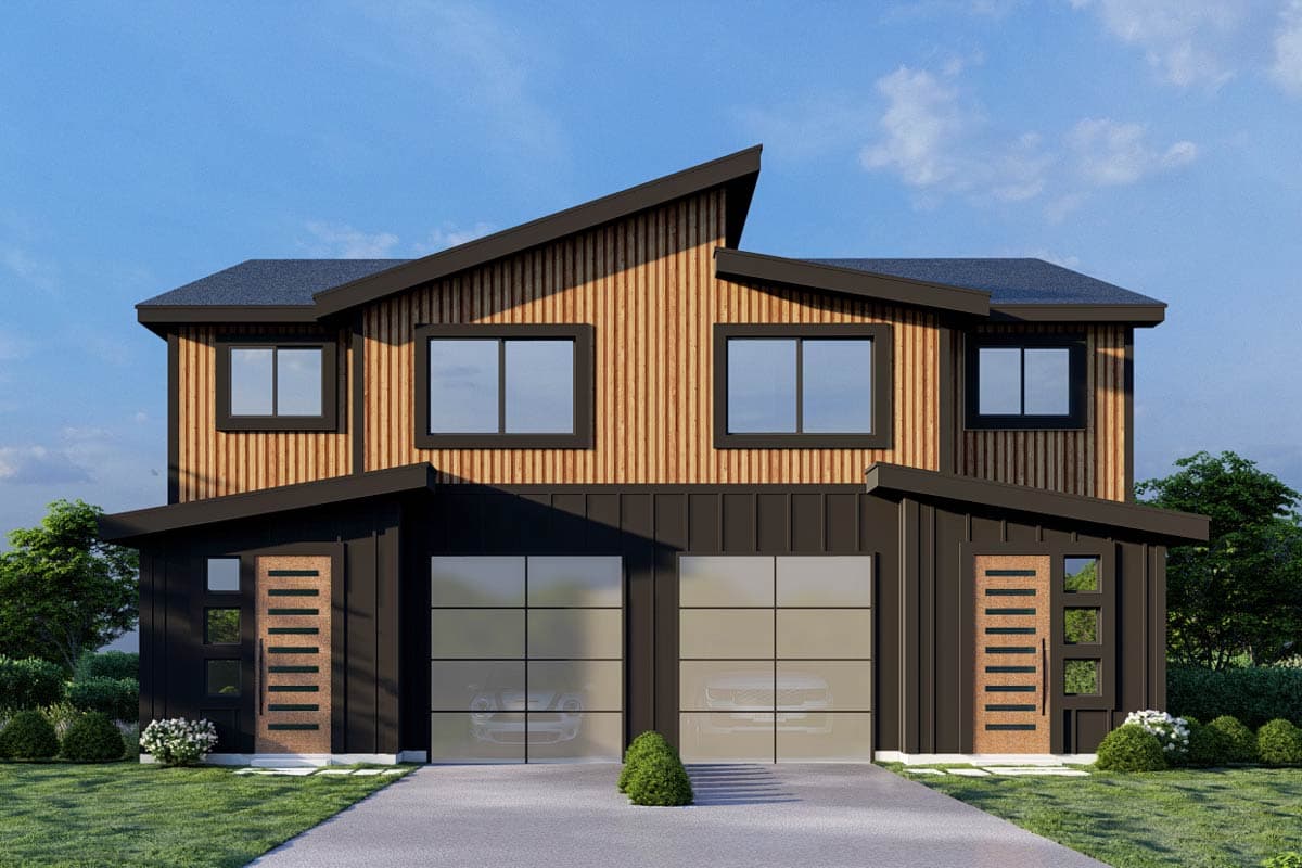 Modern house plan exterior with two stories, vertical wood siding, dark metal paneling, and two glass garage doors.