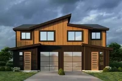 Two-Story Contemporary Duplex House Plan with 3 Beds Each Unit Under 1500 Sq Ft