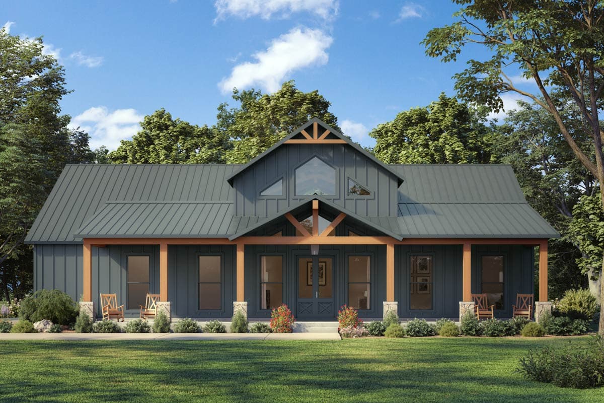 Exterior of a modern farmhouse with dark gray siding and metal roof. Porch with wooden beams, rocking chairs, and manicured landscaping.