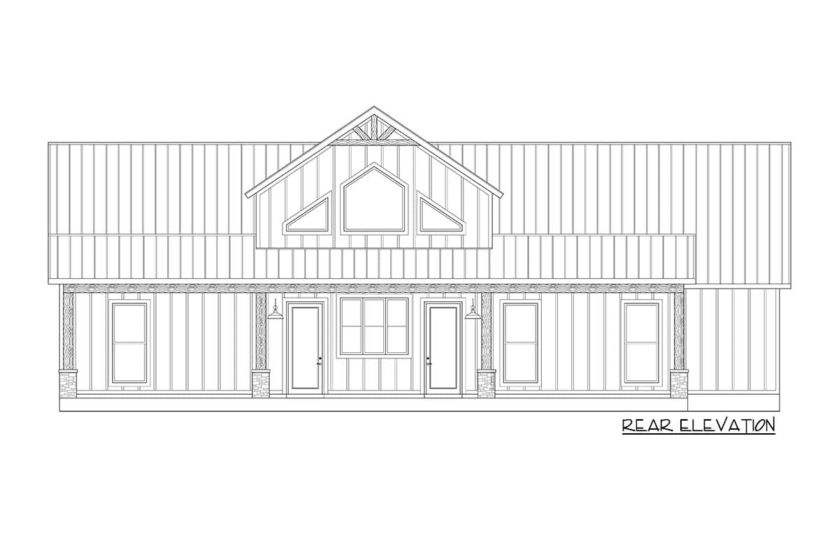 Rear elevation of a house with a gabled roof, multiple windows, and doors. The roof has triangular dormer windows.