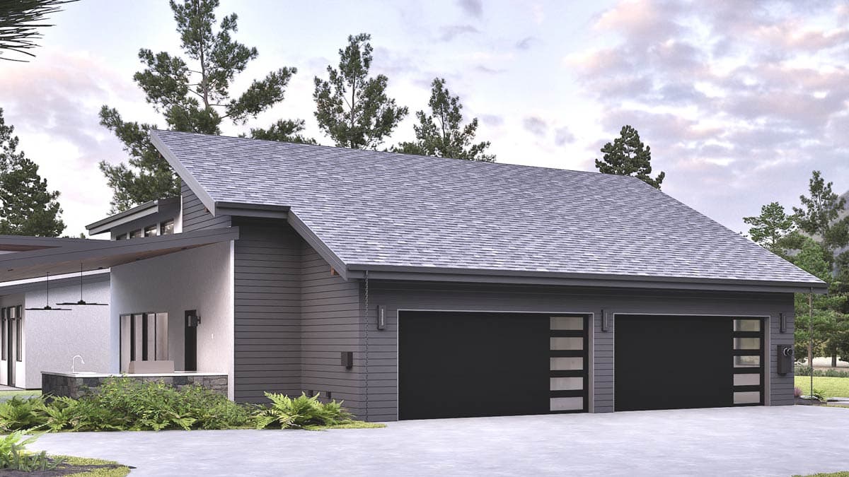 Modern house plan exterior with a sloped roof, two-car garage with frosted glass panels, and an outdoor sink area.