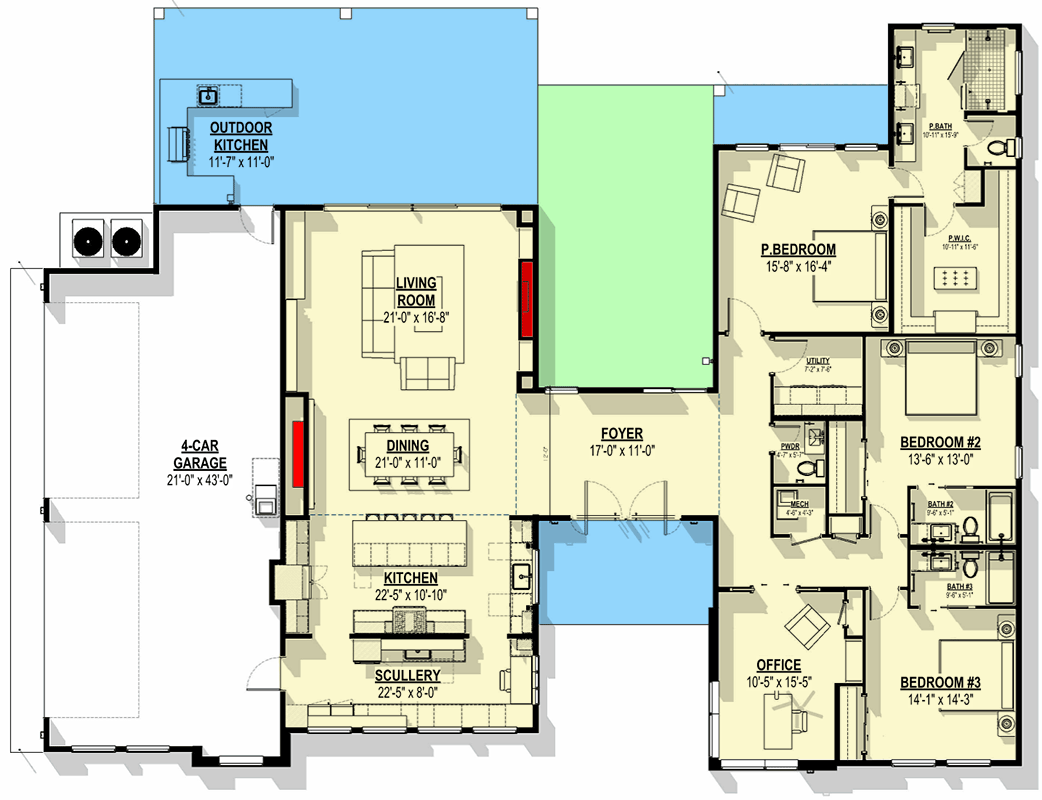 Plan 307747RAD: Contemporary One-Story Home Plan with Scullery and Home Office - Floor Plan - Main Level - Contemporary, Modern