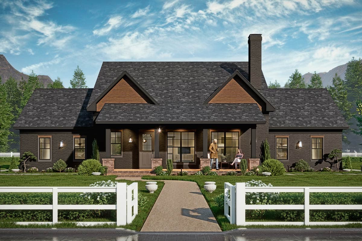 House plan exterior: Dark brick, 1.5-story Modern Farmhouse with a covered front porch, prominent gables with wood accents, and a central chimney.