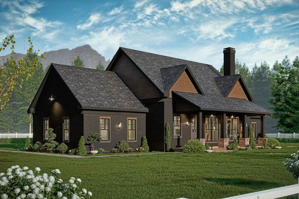 Modern Farmhouse house plan exterior with dark siding, stone accents, gables, and covered porch.