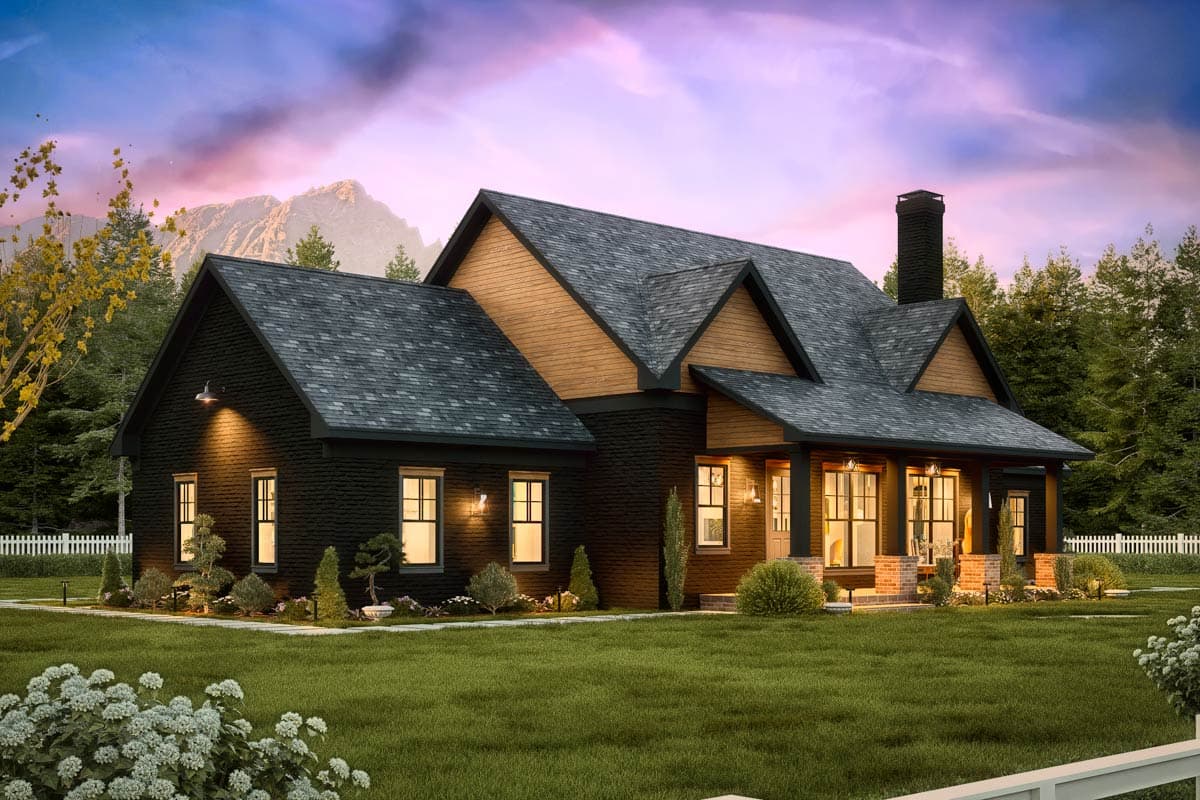 House plan exterior: Ranch style, dark siding, wood gables, covered porch with brick pillars, and a prominent chimney.