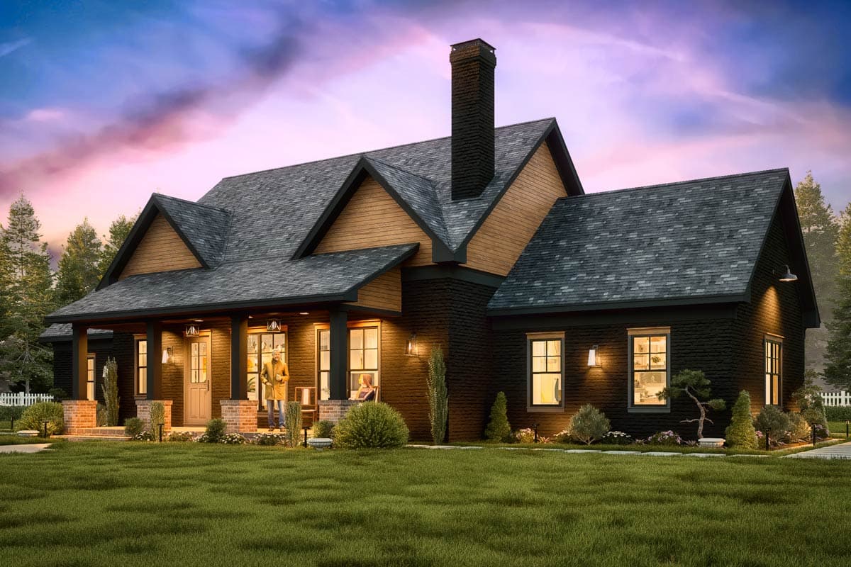 House plan exterior: Craftsman style, one story, covered porch with columns, prominent gabled dormers, and stone chimney.
