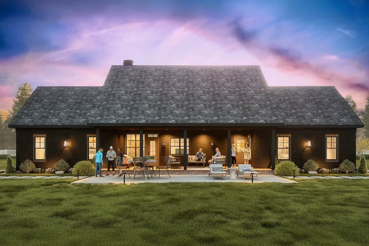 House plan exterior of a single-story Modern Farmhouse with a deep covered porch, gabled roof, and exterior lighting.