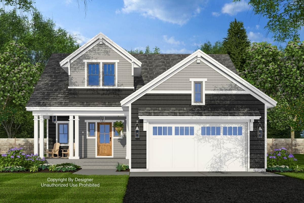 House plan exterior: Modern Farmhouse style, two stories, with a covered front porch, dormers, and a two-car garage.