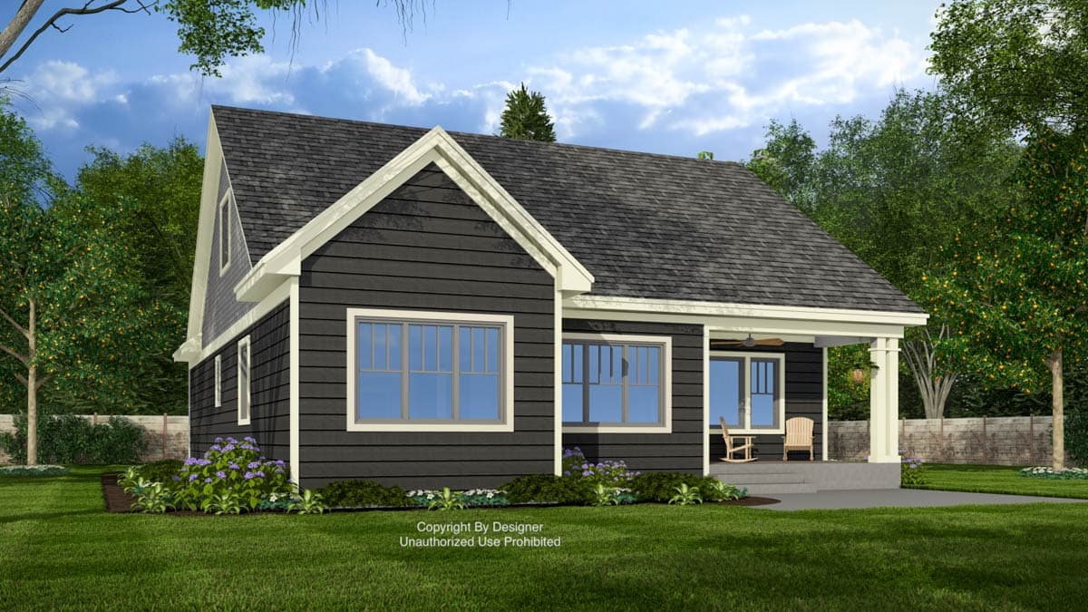 House plan exterior of a one-story Modern Farmhouse with a covered porch, prominent gables, and dark horizontal siding.