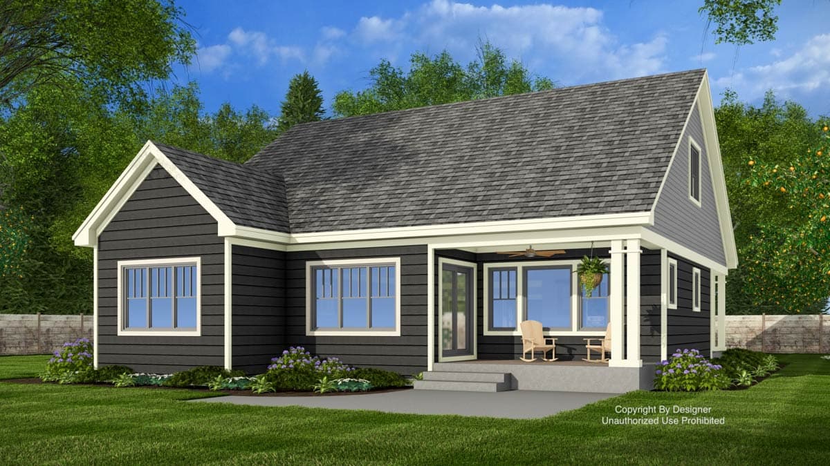 House plan exterior, one-story home with a covered porch, prominent gables, and horizontal siding.