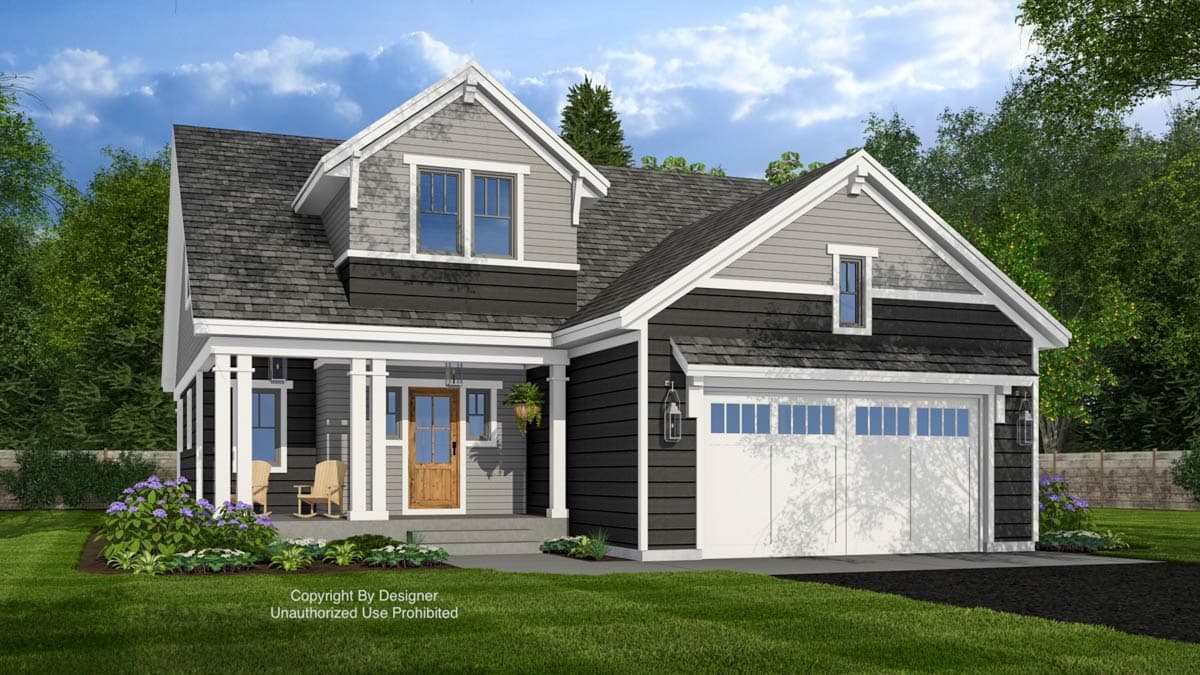 House plan exterior: Two-story Modern Farmhouse with gabled dormer, front porch with square columns, and attached side-facing garage.