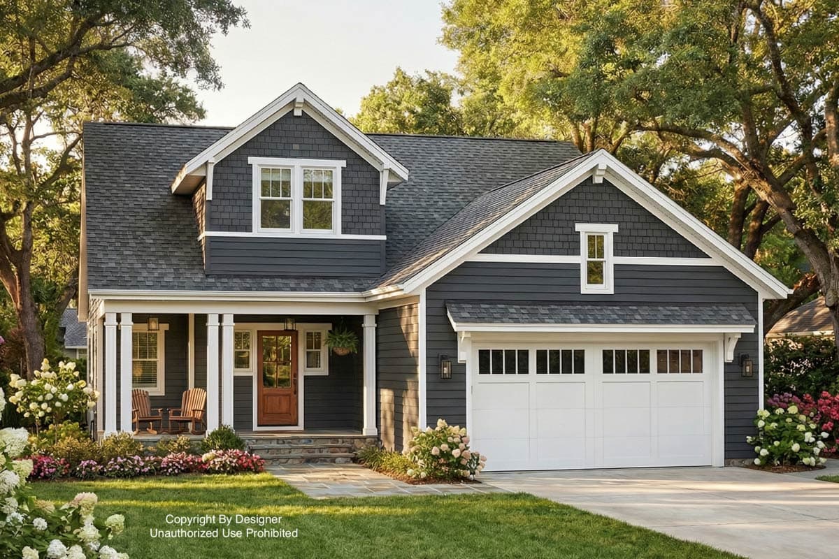 A two-story home with a dark gray exterior, white trim, and a welcoming front porch, set in a well-manicured yard with lush landscaping.