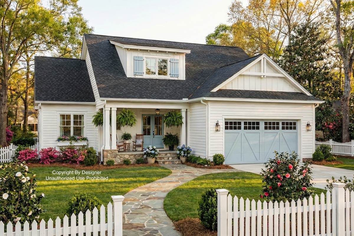 A charming white house with a black roof, blue door, and a stone walkway. Green lawn, flowers, and a white picket fence complete the scene.