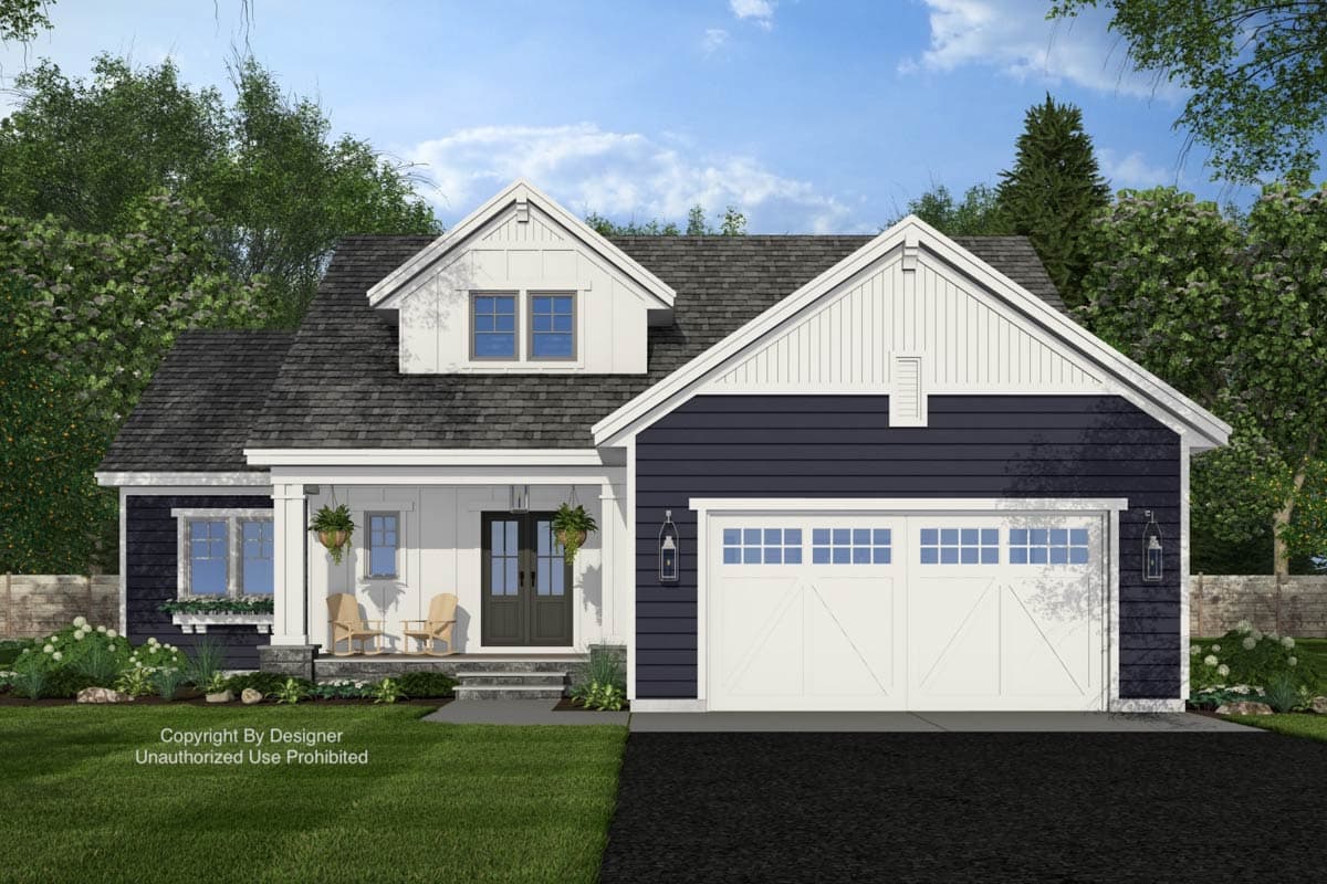 Modern Farmhouse house plan exterior with covered porch, dormer window, and two-car garage.