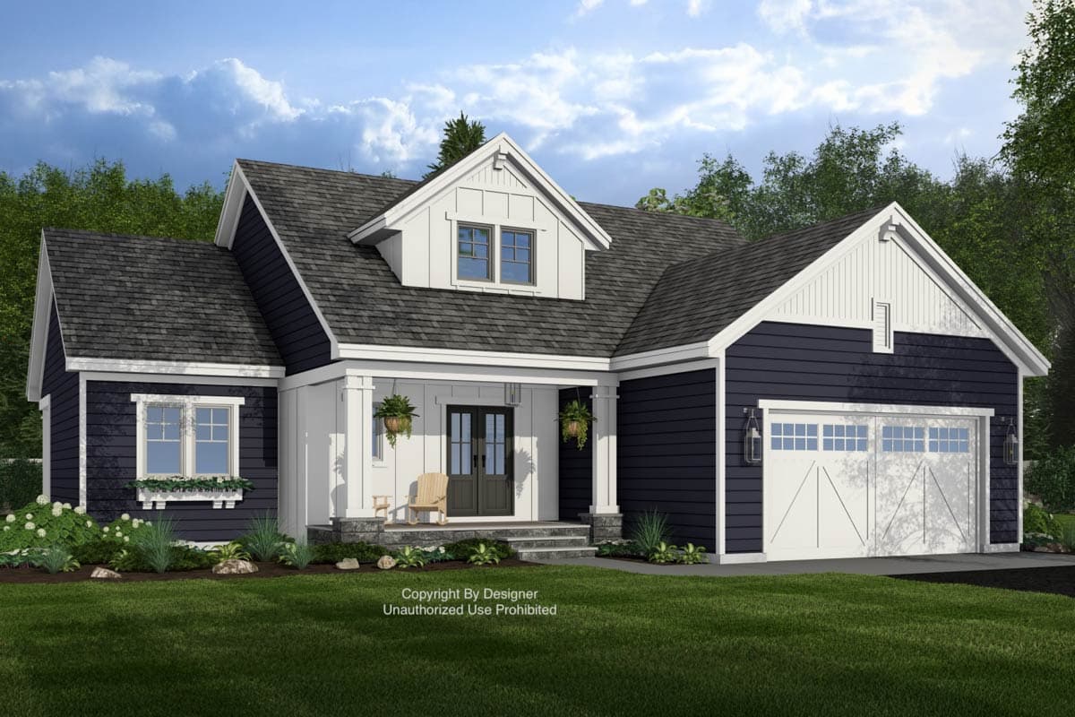 House plan exterior: Modern Farmhouse style, one story, with a covered front porch, dormer, and attached garage.
